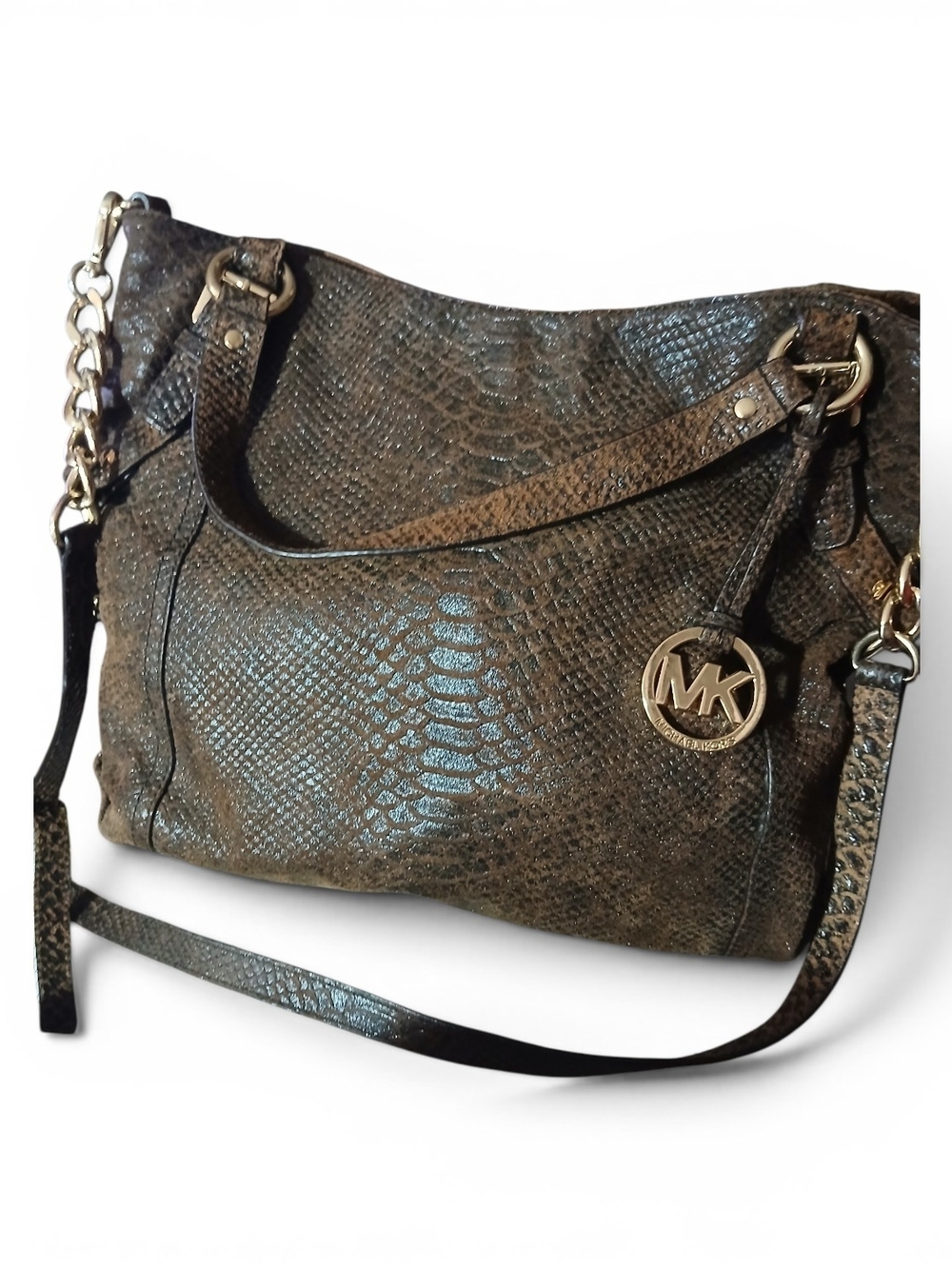 Michael Kors Rare Metallic Brown Snake-Embossed Large Shoulder Tote Bag